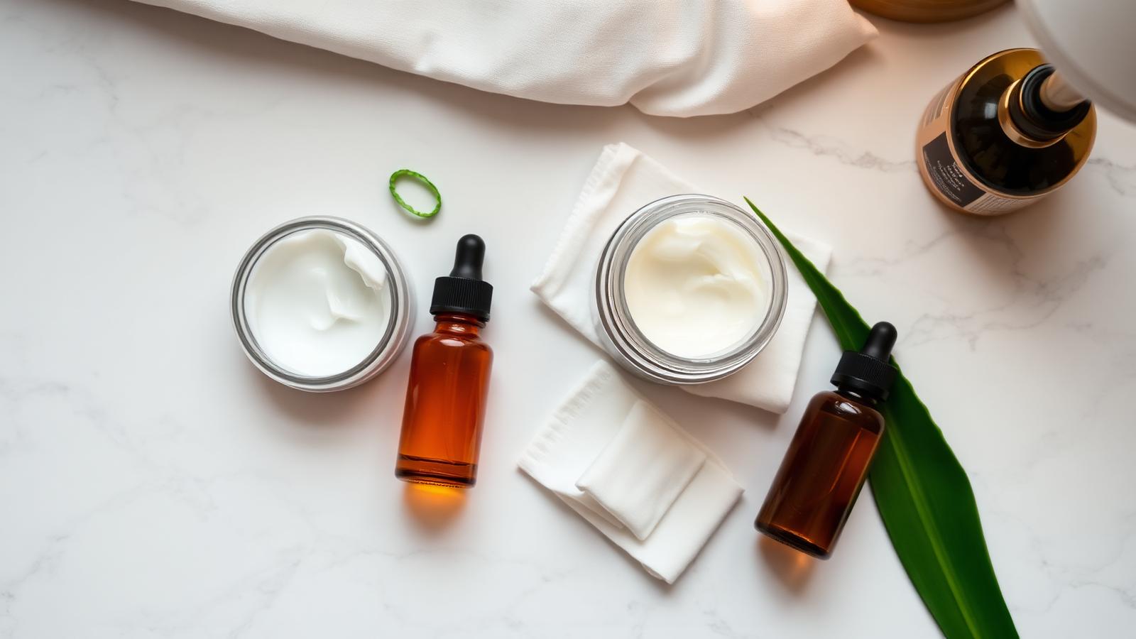 Rutina de cosmética de noche con aloe vera, sérum y algodón