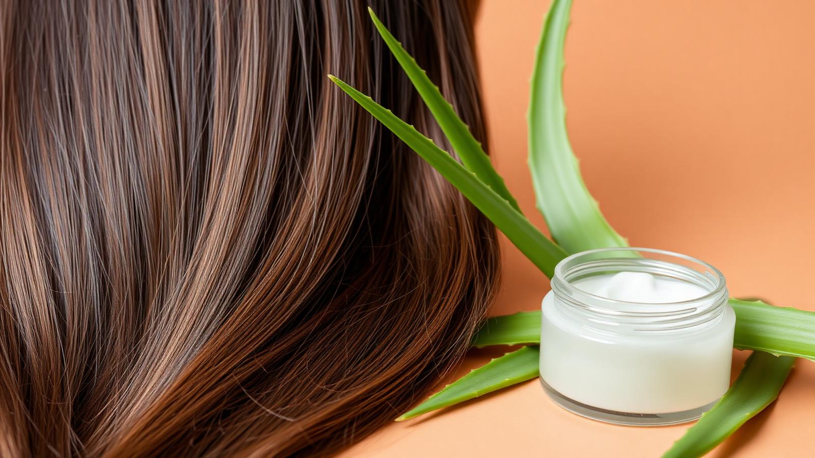 Cabello brillante junto a una hoja de aloe vera y bote de crema