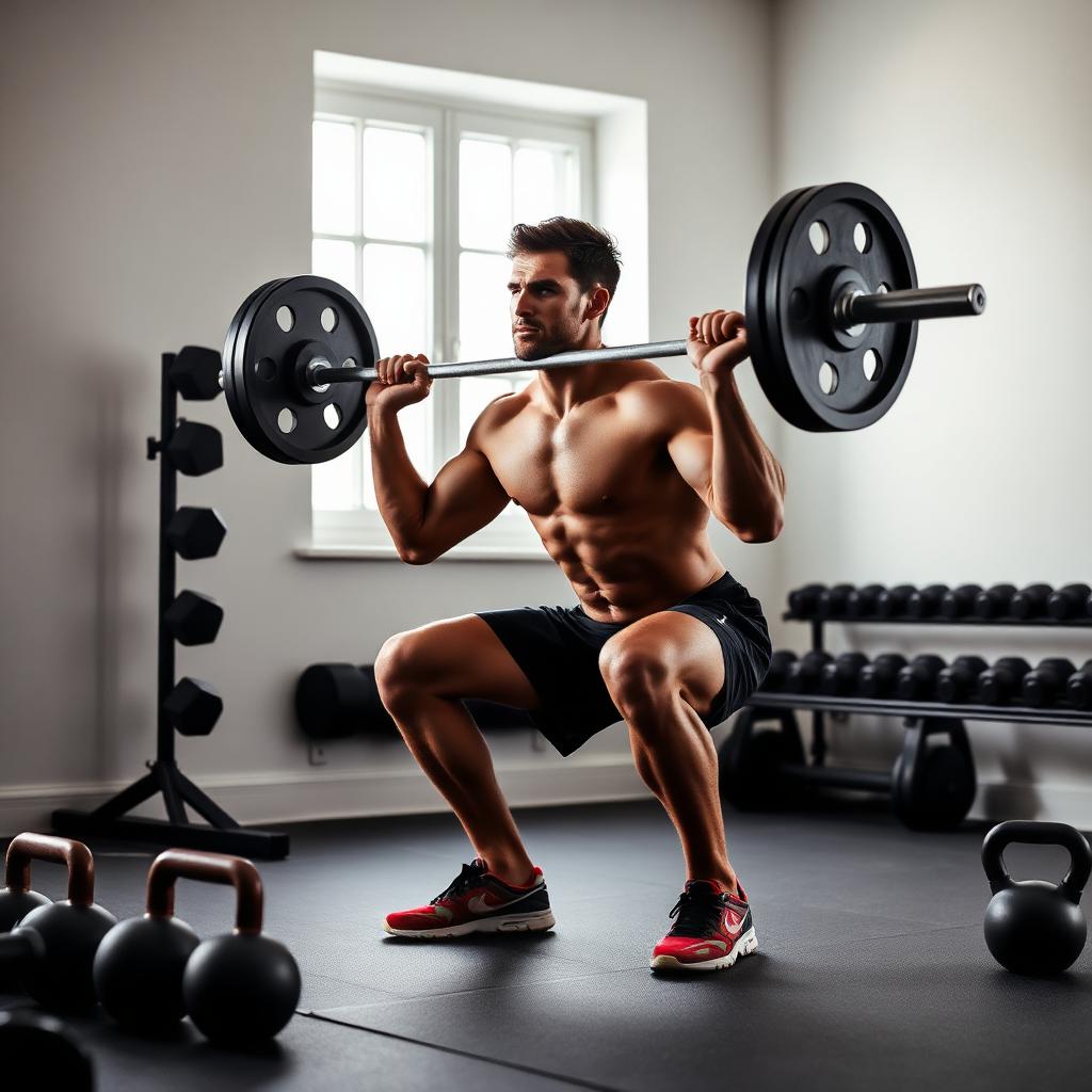 Deportista realizando sentadilla con barra en gimnasio doméstico luminoso