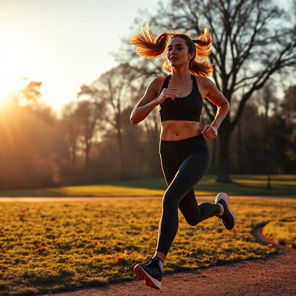 Mujer corriendo al amanecer en un parque — cardio para quemar grasa