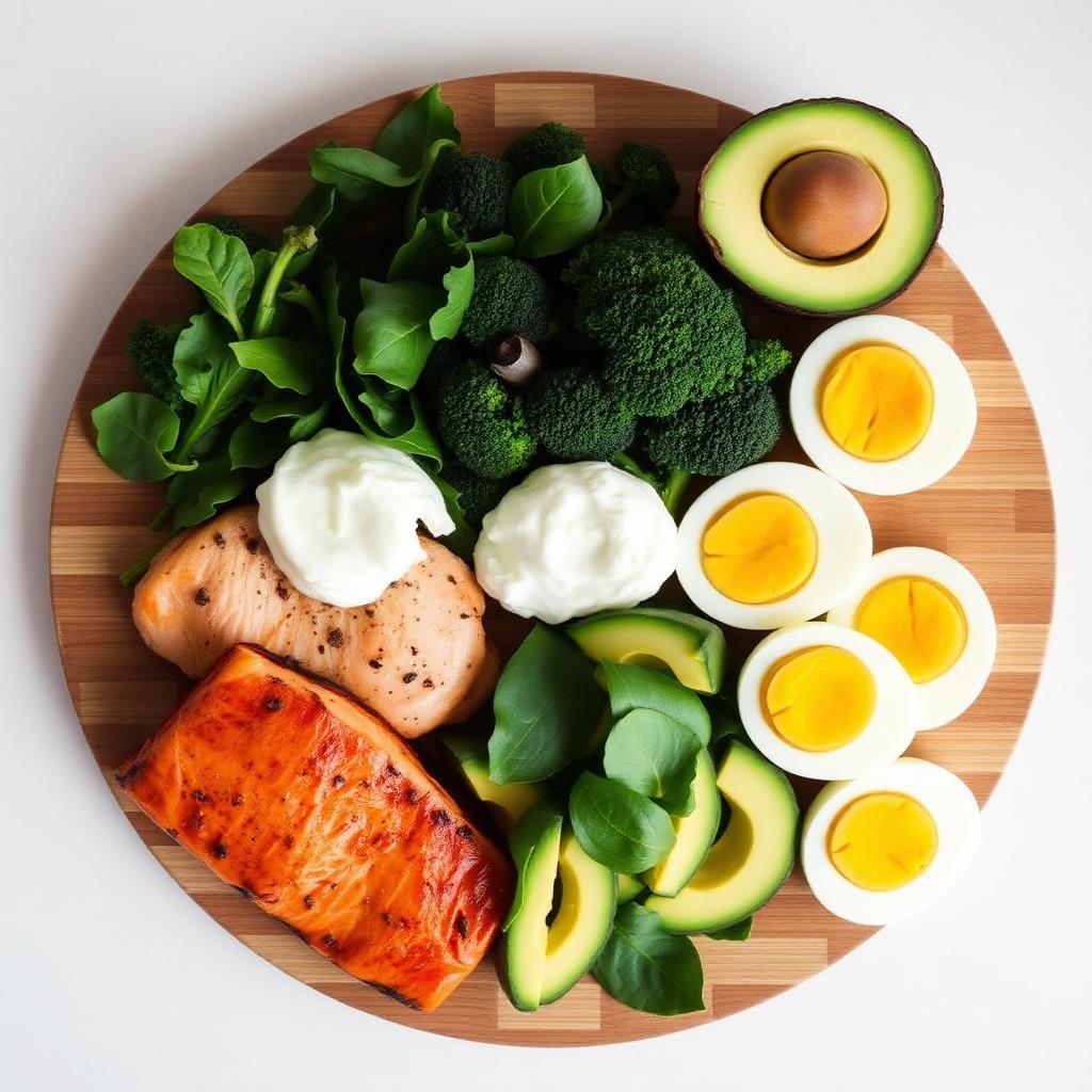 Tabla con pollo a la plancha, salmón, huevos cocidos, aguacate y verduras — meal prep alto en proteína