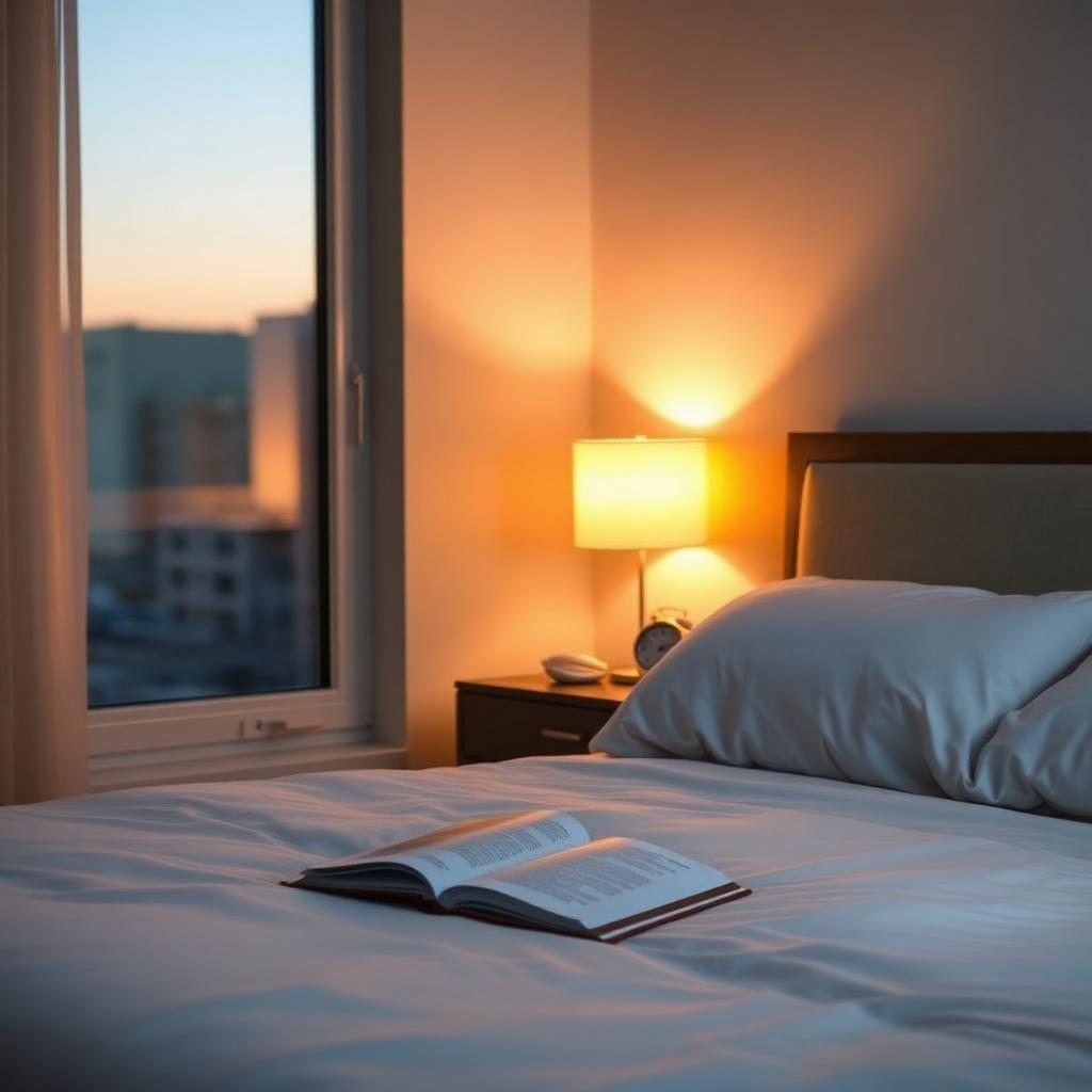 Habitación en penumbra con luz cálida — descanso reparador
