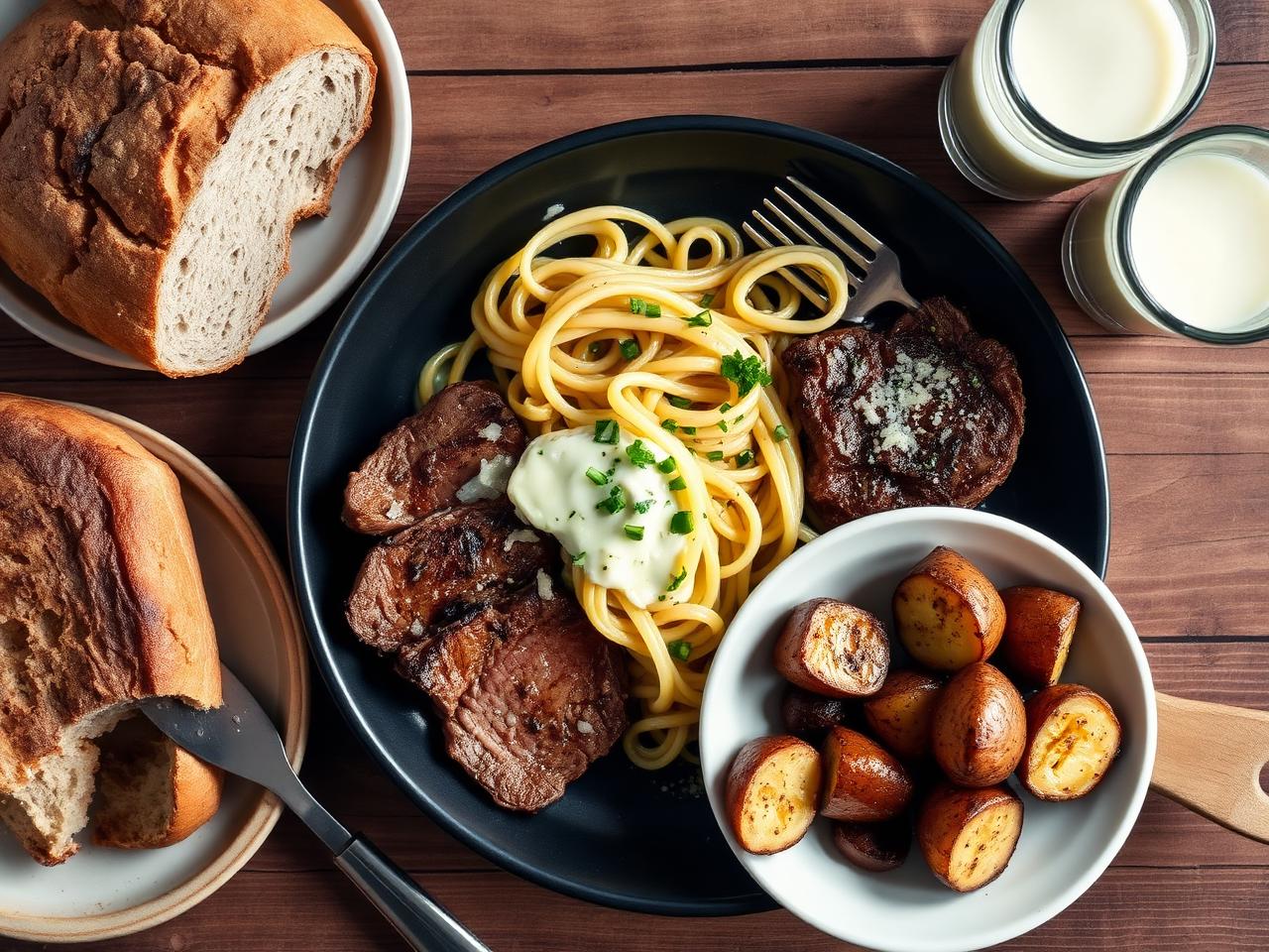 Plato de dieta para aumento de peso con pasta, carne y patatas asadas