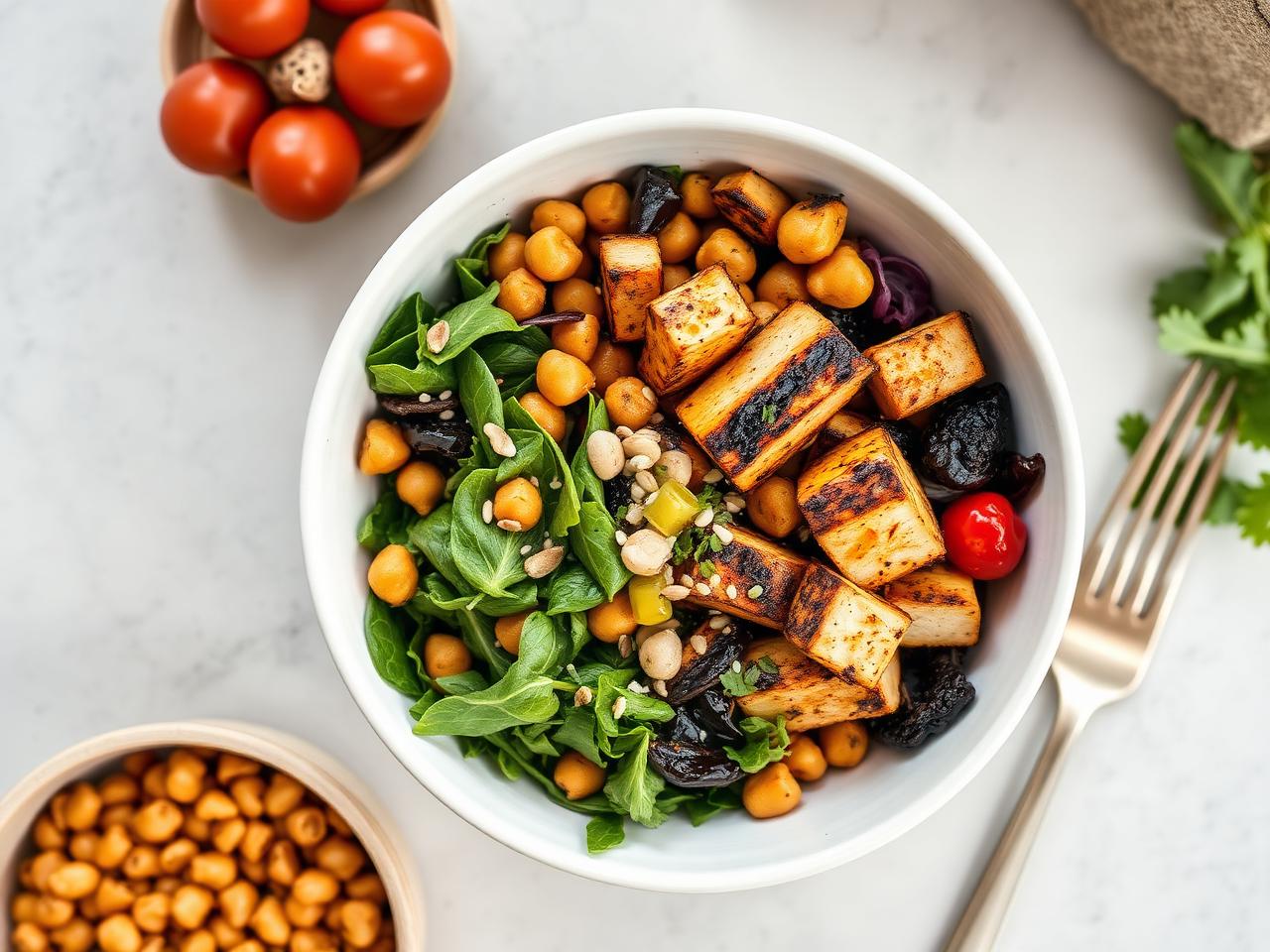 Bowl vegetal de dieta para bajada de peso con garbanzos, tofu y ensalada