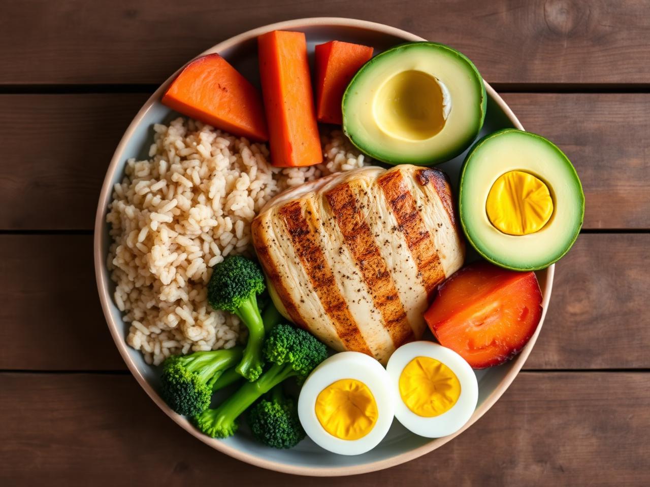 Plato de dieta para ganar masa muscular con pollo a la plancha, arroz integral, aguacate y brócoli
