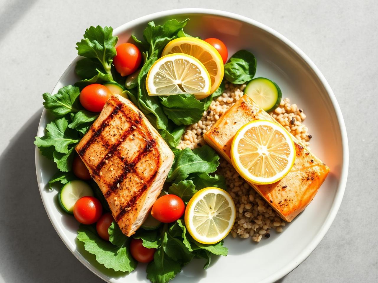Plato de dieta para pérdida de grasa con salmón a la plancha, quinoa y ensalada verde